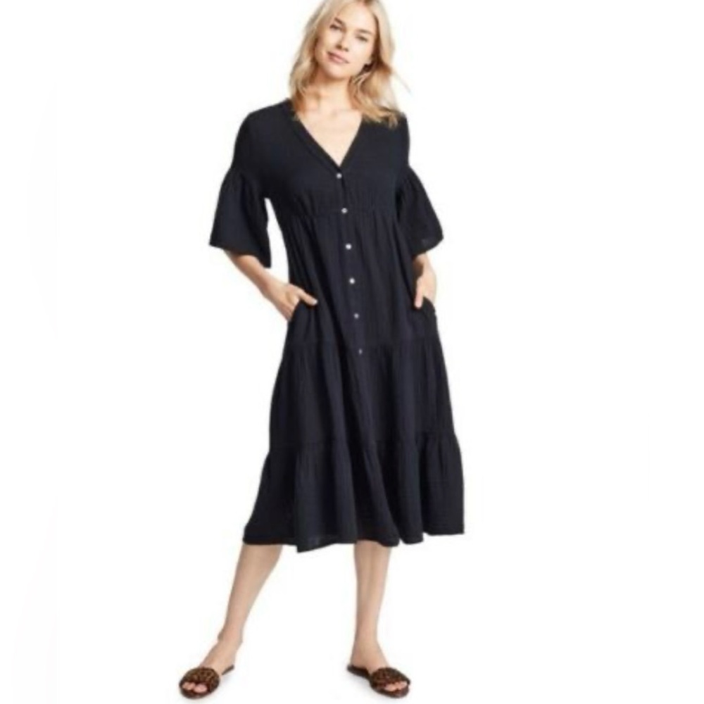 XIRENA Kendall Black Tiered V-Neck Midi Length Dress XS